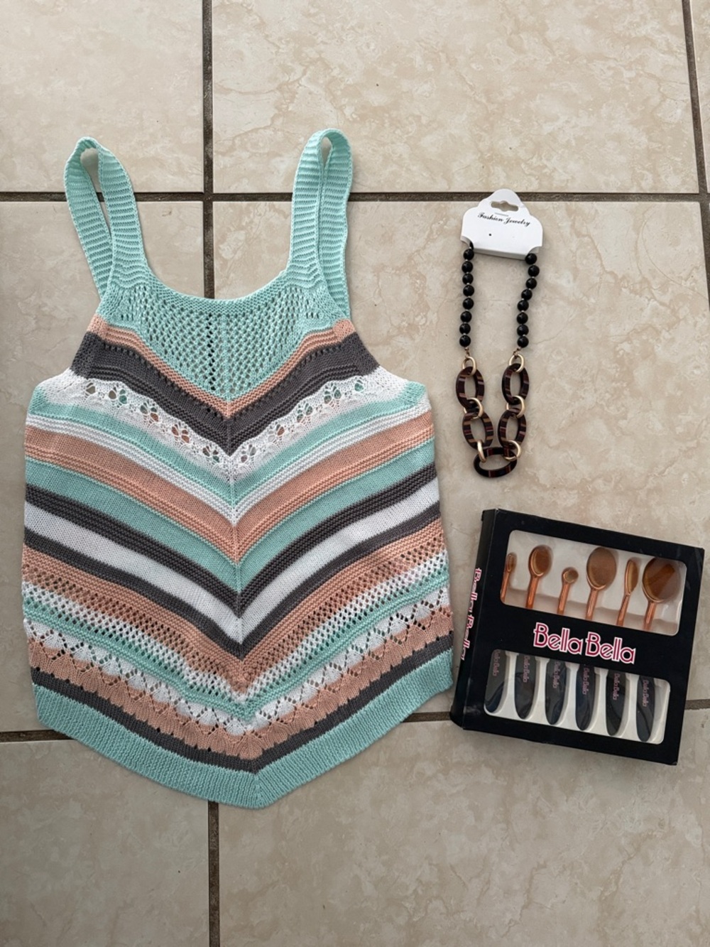 Includes 3 pieces - Crochet Striped Tank , collar And Brush set